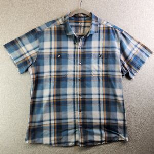 Kuhl Styk Shirt Mens XL Blue Plaid Tapered Fit Pockets Moisture Wicking Hiking
